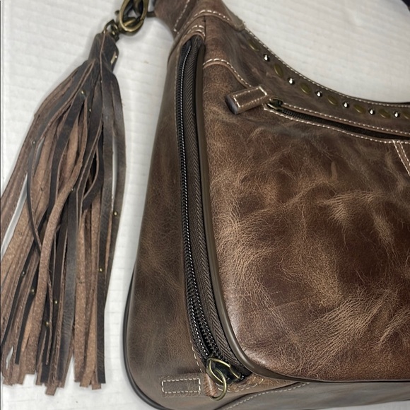 Vintage Brown Leather Shoulder Bag with Stud Accents - Picture 5 of 12